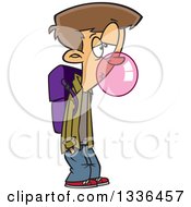 Cartoon Bored Caucasian School Boy Blowing Bubble Gum