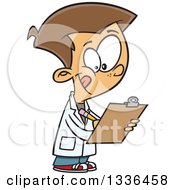 Cartoon Caucasian Boy Wearing A Lab Coat And Writing On A Clipboard