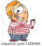 Cartoon Happy Chubby White Boy Holding A Chocolate Candy Bar With Gloop On His Face