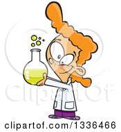 Cartoon Red Haired White Scientist Girl Holding Up A Bubbly Flask