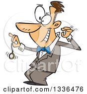 Clipart Of A Cartoon Grinning Caucasian Male Hypnotist Swinging A Pocket Watch Royalty Free Vector Illustration