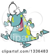 Clipart Of A Cartoon Happy Green And Turquoise Spotted Monster Dancing Royalty Free Vector Illustration by toonaday