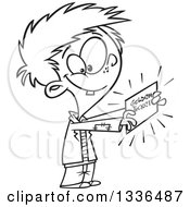 Cartoon Black And White Happy Boy Charlie Holding A Golden Ticket