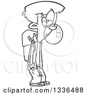 Lineart Clipart Of A Cartoon Black And White Bored School Boy Blowing Bubble Gum Royalty Free Outline Vector Illustration by toonaday