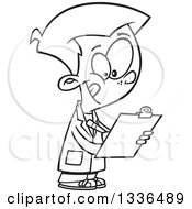 Lineart Clipart Of A Cartoon Black And White Boy Wearing A Lab Coat And Writing On A Clipboard Royalty Free Outline Vector Illustration