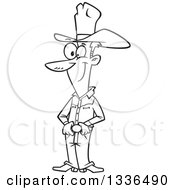 Lineart Clipart Of A Cartoon Black And White Skinny Cowboy Standing With His Hands On His Belt Buckle Royalty Free Outline Vector Illustration