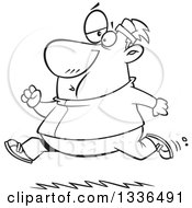 Lineart Clipart Of A Cartoon Black And White Chubby Determined Man Running In A Track Suit Royalty Free Outline Vector Illustration by toonaday