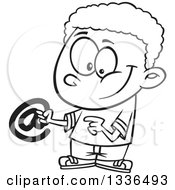 Poster, Art Print Of Cartoon Black And White African American Boy Holding An Email Arobase At Symbol