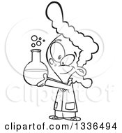 Lineart Clipart Of A Cartoon Black And White Scientist Girl Holding Up A Bubbly Flask Royalty Free Outline Vector Illustration