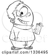 Lineart Clipart Of A Cartoon Black And White Happy Chubby Boy Holding A Chocolate Candy Bar Royalty Free Outline Vector Illustration by toonaday