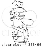 Lineart Clipart Of A Cartoon Black And White Short Grumpy Man With A Cloud Over His Head And Clenched Fists Royalty Free Outline Vector Illustration
