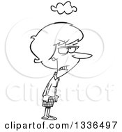 Lineart Clipart Of A Cartoon Black And White Grumpy Woman With A Cloud Over Her Head And Balled Fists Royalty Free Outline Vector Illustration by toonaday