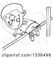 Cartoon Black And White African American Boy Doing A Track And Field High Jump