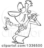 Lineart Clipart Of A Cartoon Black And White Grinning Male Hypnotist Swinging A Pocket Watch Royalty Free Outline Vector Illustration