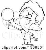 Lineart Clipart Of A Cartoon Black And White Happy African American Girl Holding Up A Loli Pop Royalty Free Outline Vector Illustration