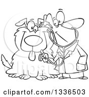 Lineart Clipart Of A Cartoon Black And White Happy Male Veterinarian Using A Stethoscope On A Big Dog Royalty Free Outline Vector Illustration