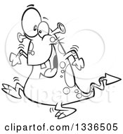 Lineart Clipart Of A Cartoon Black And White Happy Spotted Monster Dancing Royalty Free Outline Vector Illustration