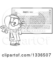 Cartoon Black And White School Girl Studying The Periodic Table Of Elements