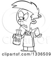 Lineart Clipart Of A Cartoon Black And White Boy Drinking A Poisonous Concoction Royalty Free Outline Vector Illustration