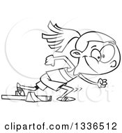 Lineart Clipart Of A Cartoon Black And White African American Track And Field Girl Taking Off For A Sprint Royalty Free Outline Vector Illustration