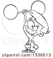 Lineart Clipart Of A Cartoon Black And White Strong Boy Holding Up A Barbell One Handed Royalty Free Outline Vector Illustration by toonaday