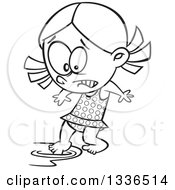 Lineart Clipart Of A Cartoon Black And White Cold Swimmer Girl Testing The Water With A Toe Royalty Free Outline Vector Illustration