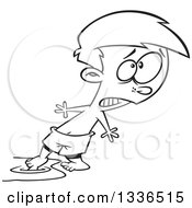 Lineart Clipart Of A Cartoon Black And White Swimmer Boy Testing The Water With His Toe Royalty Free Outline Vector Illustration by toonaday