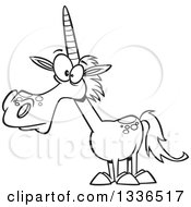 Lineart Clipart Of A Cartoon Black And White Unicorn Royalty Free Outline Vector Illustration