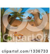 Desert Scene With A Scorpion And Camels By Palm Trees