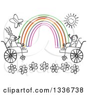 Doodled Black And White Disabled Boy And Girl In Wheelchairs Waving At The Ends Of A Colorful Rainbow With A Happy Sun And Butterfly Over Flowers