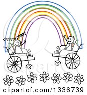 Doodled Black And White Disabled Boy And Girl In Wheelchairs Waving At The Ends Of A Colorful Rainbow Over Flowers