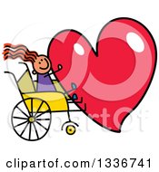 Doodled Disabled Red Haired Caucasian Girl In A Wheelchair Holding A Giant Red Heart
