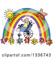 Poster, Art Print Of Doodled Disabled Boy In A Wheelchair Cheering Under A Rainbow And Happy Sun With A Butterfly And Flowers