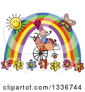 Doodled Disabled Girl In A Wheelchair Cheering Under A Rainbow And Happy Sun With A Butterfly And Flowers