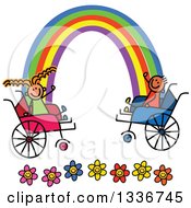 Doodled Disabled Boy And Girl In Wheelchairs Waving At Ends Of The Rainbow Over Flowers