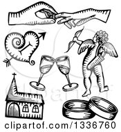 Poster, Art Print Of Black And White Sketched Doodles Of Wedding Hands A Heart Champagne Cupid Church And Rings