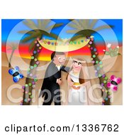 Poster, Art Print Of Happy Caucasian Wedding Couple Getting Married In An Exotic Desert Sunset Landscape With Butterflies