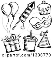 Poster, Art Print Of Sketched Doodles Of Black And White Party Items