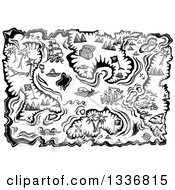 Poster, Art Print Of Black And White Treasure Map With Islands Boats And Loot
