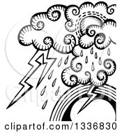 Poster, Art Print Of Sketched Black And White Doodle Of Storm Clouds Rain And Lightning Over A Rainbow