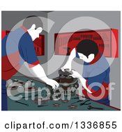 Poster, Art Print Of Male Mechanics Working On Car Engine Parts In A Garage
