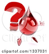 Clipart Of A 3d Hot Water Or Blood Drop Character Facing Slightly Right Jumping And Holding A Question Mark Royalty Free Illustration