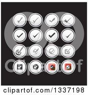 Selection Tick Check Mark And Round App Icon Button Design Elements Over Black