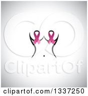 Poster, Art Print Of Pink Cancer Awareness Ribbons Over A Womans Nipples On Gray Shading