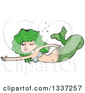 Poster, Art Print Of Cartoon Green White Mermaid Swimming