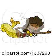 Poster, Art Print Of Cartoon Black Topless Tattooed Mermaid Swimming 2
