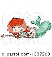 Cartoon Tattooed Red Haired White Mermaid Swimming