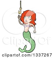 Poster, Art Print Of Cartoon Red Haired White Mermaid Reaching For A Hook