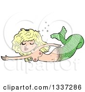 Poster, Art Print Of Cartoon Topless Blond White Mermaid Swimming