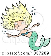 Poster, Art Print Of Cartoon Blond White Mermaid Swimming And Pointing